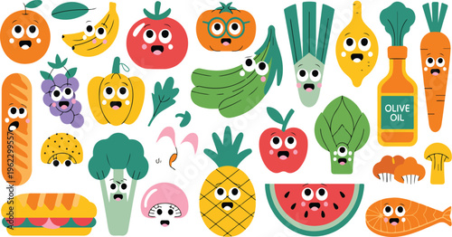 Big collection of cartoon food characters with cute smiling faces, colorful kawaii style mascots for kids, menu, and playful design