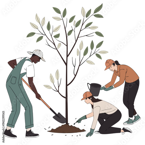 Three people planting a tree together in a collaborative gardening effort outdoors