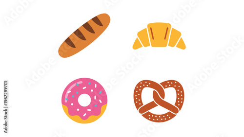 Four iconic baked and fried snacks in a playful cartoon style