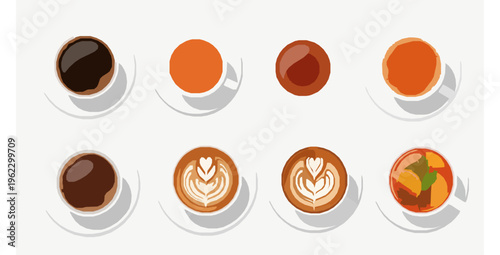 Top View Coffee and Tea Cups Vector Illustration Collection on White