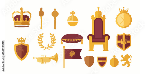 Monarchy Attributes Vector Set with Crown Scepter Throne and Heraldic Symbols