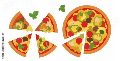 Italian Pizza Vector Set with Whole and Sliced Colorful Tasty Food
