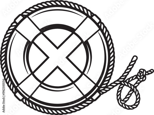 Black and white of a life preserver with rope and knot also transparent background lifebuoy safety ring