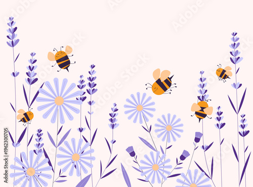 Cute bees flying over lavender and chamomile flowers on light background. Spring nature floral composition with copy space