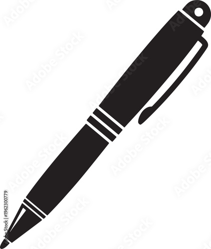 Black ballpoint pen with clip and three silver bands on white background also transparent background