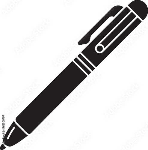 Black ballpoint pen with clip and white accents on white background also transparent background writing instrument