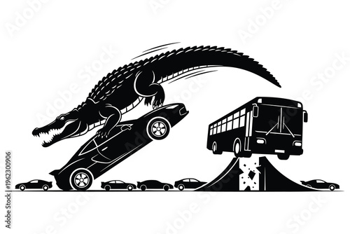 Giant alligator attacks car and bus on highway, large reptile causing chaos, destruction of vehicles, traffic jam, dramatic natural disaster.