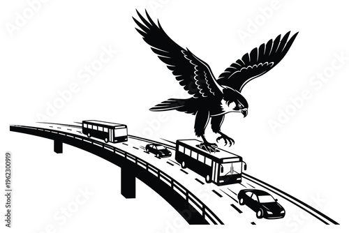 Eagle swoops down on bus and car on bridge highway, bird of prey hunting, aerial attack over transportation, wild nature interacting with travel.