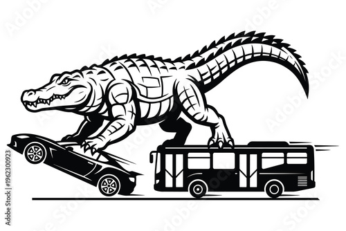 Giant alligator attacks sports car on street, threatening vehicle and bus, representing danger, power, and urban nature confrontation.