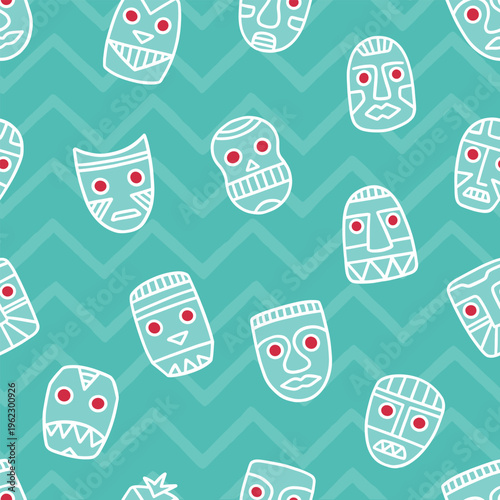 Green Tribal mask head  doodle seamless pattern.  Vector pattern design.