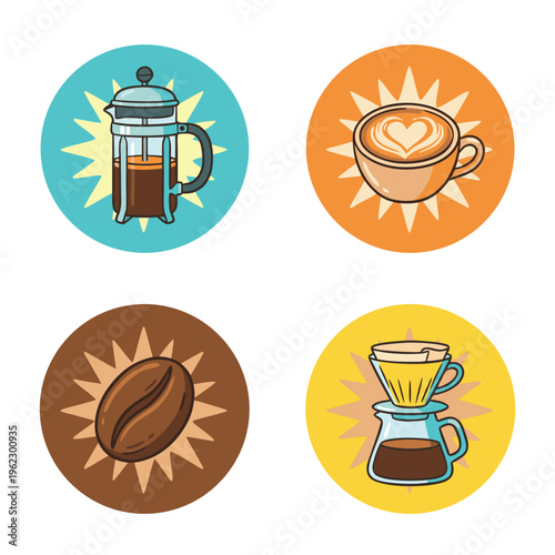 Coffee brewing methods and coffee bean illustration.