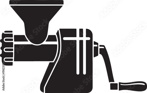 Black silhouette of a manual meat grinder with a funnel and crank also transparent background manual grinder