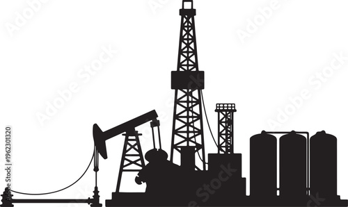 Black silhouette of oil drilling rig pumpjack and storage tanks against white background also transparent background
