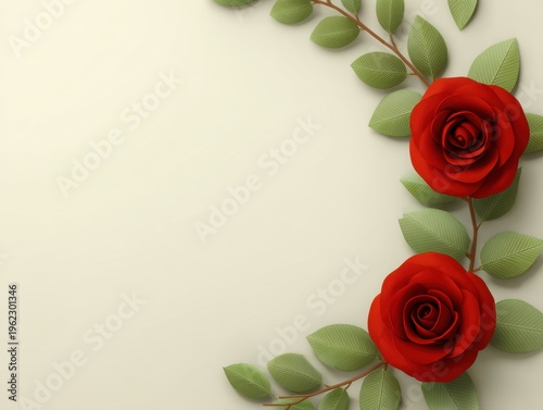 Red Roses and Green Leaves Arrangement on Soft Beige Background for Romantic and Floral Design Themes