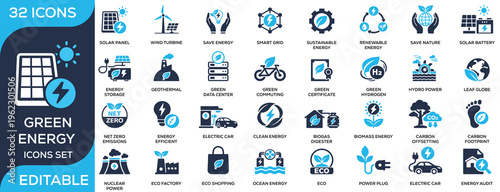 Green energy and sustainability solid icon set featuring solar, wind, electric vehicles, smart grid, and eco technology. Flat vector icons for renewable energy and environmental projects.