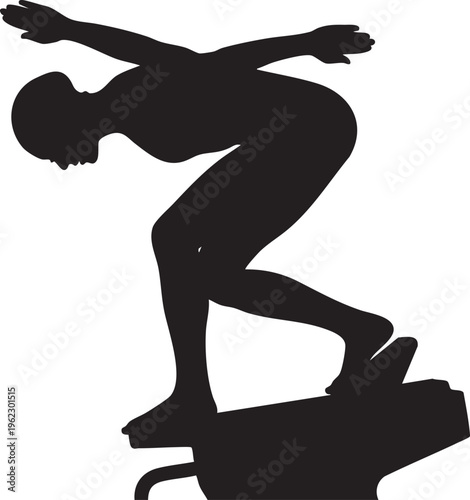 Dynamic silhouette of a swimmer on a starting block, poised to execute a powerful dive, embodying readiness and competitive spirit