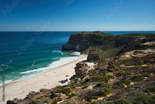 the cape of good hope. Panoramic Cape View With Fynbos Foreground And Sweeping Bay, Recommended For Travel Editorials