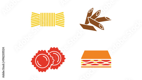 Four stylized icons representing different types of pasta and food shapes