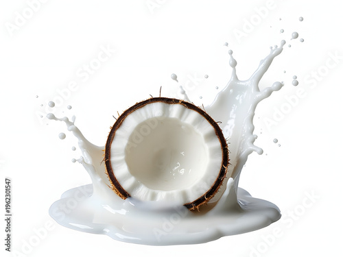 Coconut water splash with fresh coconut isolated on white background, refreshing tropical concept, high detail
