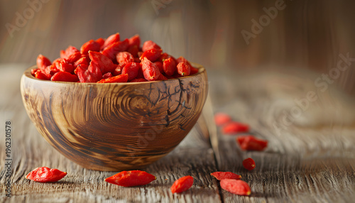 Goji berries in wooden bowl, a few loose berries around, light wood background, soft daylight, vivid red color, realistic high-resolution