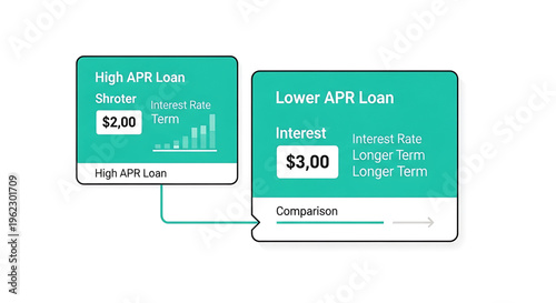 A vector graphic illustrating a comparison between high APR loan and lower APR loan options for financial planning and decision making.