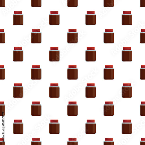 Repeating pattern of brown syrup bottles with red caps on a white background