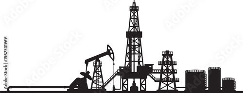 Silhouette of an oil drilling rig pumpjack and storage tanks against a white background also transparent background