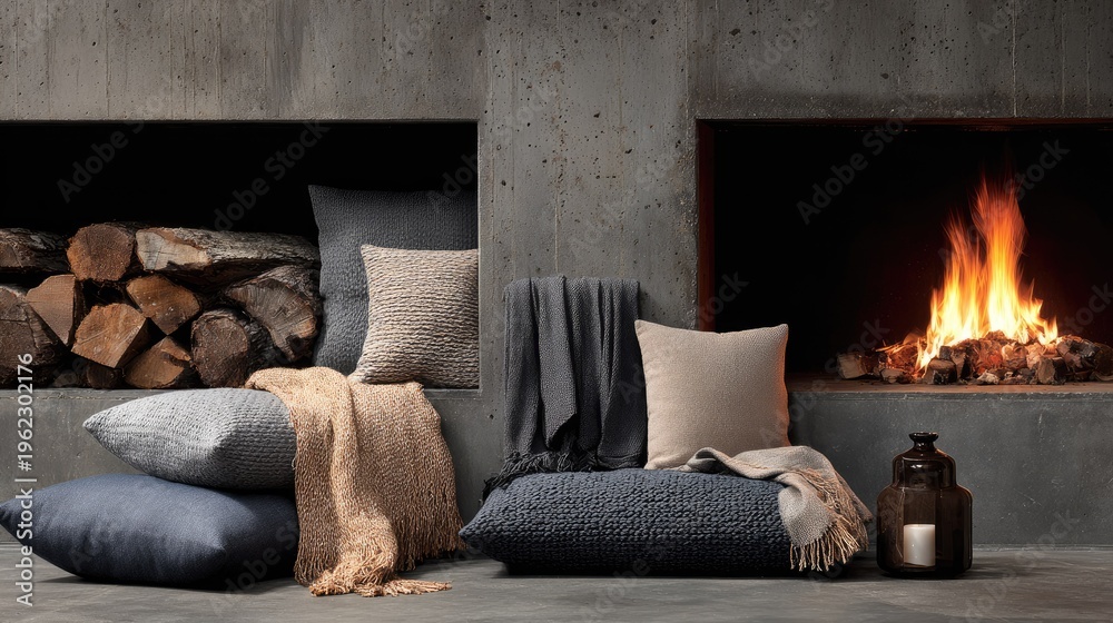Fototapeta premium Warmly decorated interior space features stacked wood and a cozy fire beside soft furnishings