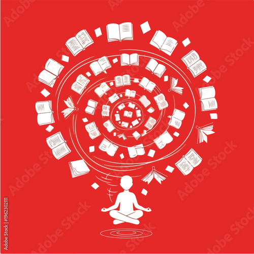 Student Floating Surrounded by Books Representing Immersive Learning, Knowledge Absorption and Education Focus – Vector Illustration