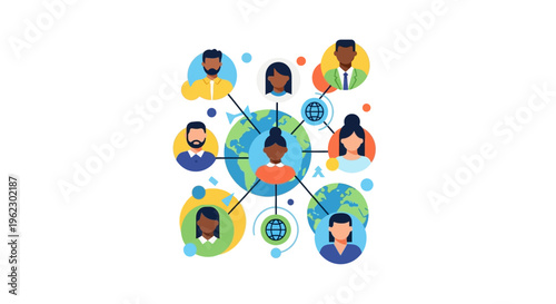 Global People Network Connecting Diverse Individuals Worldwide. International Communication, Social Media, and Community Concept with Avatars and World Map.