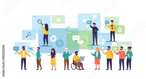 Diverse Business Team Collaboration & Digital Communication Network. Connectivity, Teamwork, and Strategy Illustration.