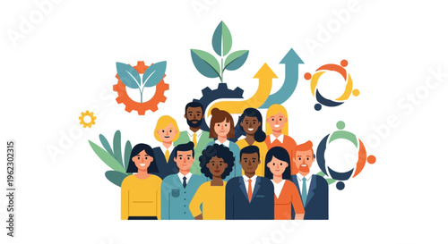 Diverse Business Team Driving Sustainable Growth and Innovation with Collaboration Icons