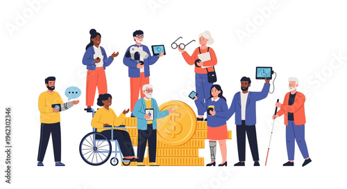 Diverse Group of People with Disabilities and Seniors Accessing Digital and Financial Services – Inclusive Technology and Economy