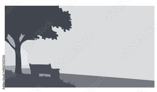 Foggy Greenwich Park scene with bench trees and pathway atmospheric layered vector illustration isolated on white