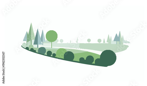 Minimal geometric Greenwich Park in fog with walking figure and dog modern abstract vector isolated on white