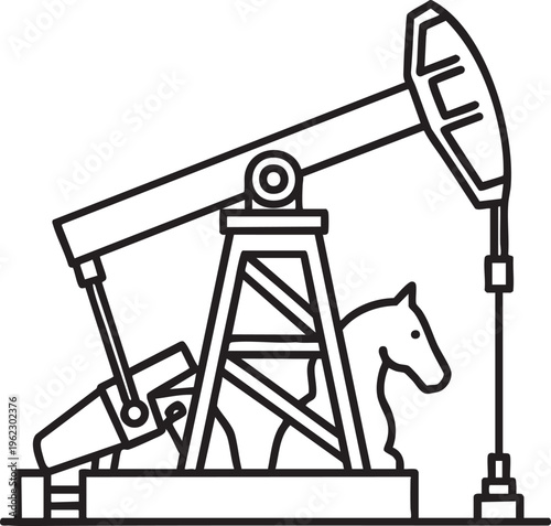 A black and white line art of an industrial oil pump jack featuring a creative horse shape silhouette integrated into the machine design
