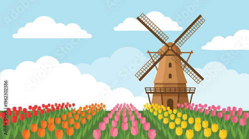 Vibrant tulip fields in full bloom stretch towards a traditional Dutch windmill, creating a scenic spring landscape under a bright, cloudy sky