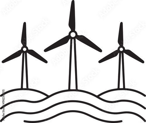 Three black wind turbines on wavy lines representing water or land also transparent background wind power