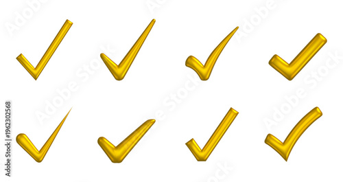 Set of glossy gold check marks at various angles on a white background. Vector illustration