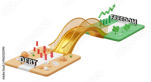 A vector graphic illustration of a bridge from debt to financial freedom with a 3D design