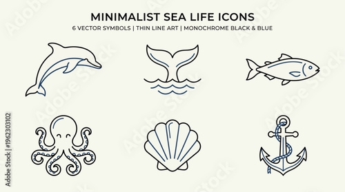 Vector sea icons showcase dolphin fish octopus shell anchor whale tail