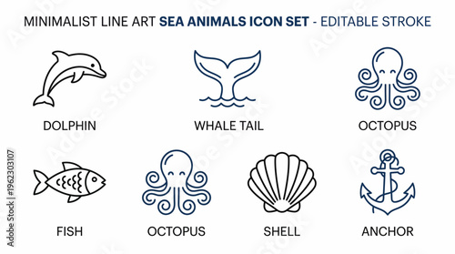Sea creatures icons feature a dolphin, whale tail, octopus, fish, and shell in a vector sea environment.