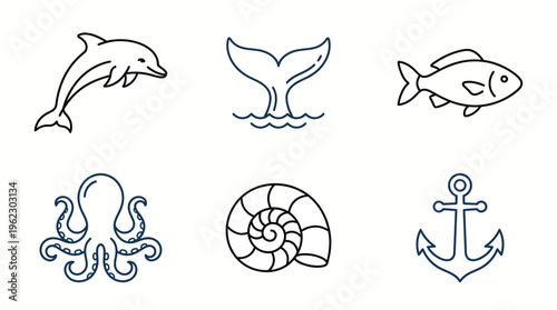 Marine life vector sea illustrations feature dolphin, whale tail, fish, octopus, nautilus shell, and anchor icons