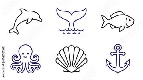 Marine life icons including a dolphin, whale tail, fish, octopus, shell, and anchor