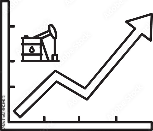 A simple black and white line art icon depicting a rising financial graph with an oil pump jack symbol representing increasing oil prices or production