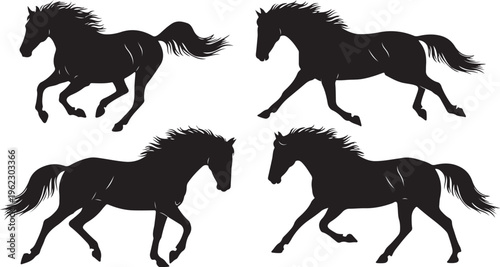 Vector illustration of a set of black wild horses and stallions running and galloping in nature, featuring isolated silhouettes of an equestrian jockey and rider in a sport race
