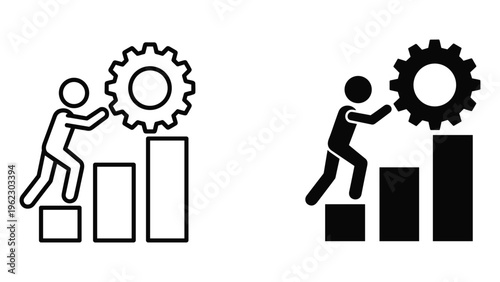 Man climbing bar graph pushing gear silhouette