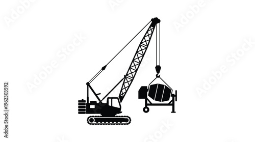Heavy duty crawler crane lifting a concrete mixer black and white silhouette