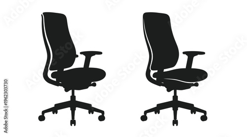 Two modern office chairs are displayed as a striking black silhouette