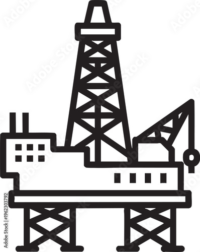 A black and white line art icon depicting an offshore oil drilling platform with a tall derrick and support structure for energy production